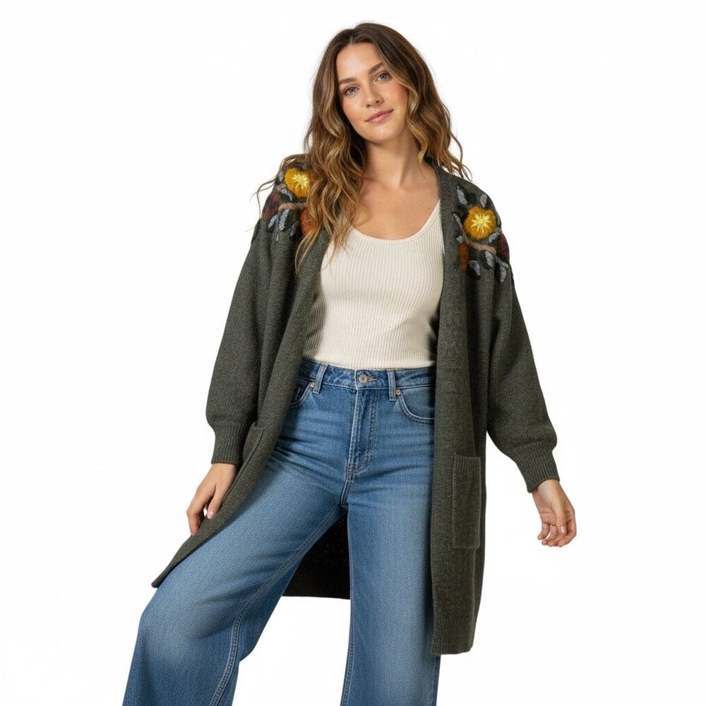 Boundless North Embroidered Open Front Long Cardigan Womens XS Green Cottagecore